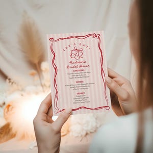 Modello di menu con fiocco rosa ciliegia, baby shower retrò con ciliegia in cima, addio al nubilato dolce con ciliegia, decorazioni per feste di compleanno disegnate a mano WP1038