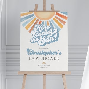 Plantilla imprimible de letrero de bienvenida para baby shower "Here Comes The Son", decoración Sunshine Baby Sprinkle para baby shower de niño, Little Ray of Sonshine