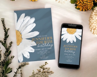 May include: A blue invitation card and a smartphone displaying a birthday invitation. The invitation features a large white daisy with a gold center and the text "Jennifer's Fourth Birthday". The card includes event details.