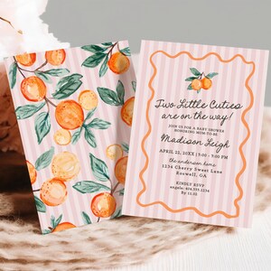 Pink Two Little Cuties Twins Baby Shower Invitation Template, Pastel Citrus Baby Sprinkle for Summer Baby Shower, Retro Clementine WP1050 image 3