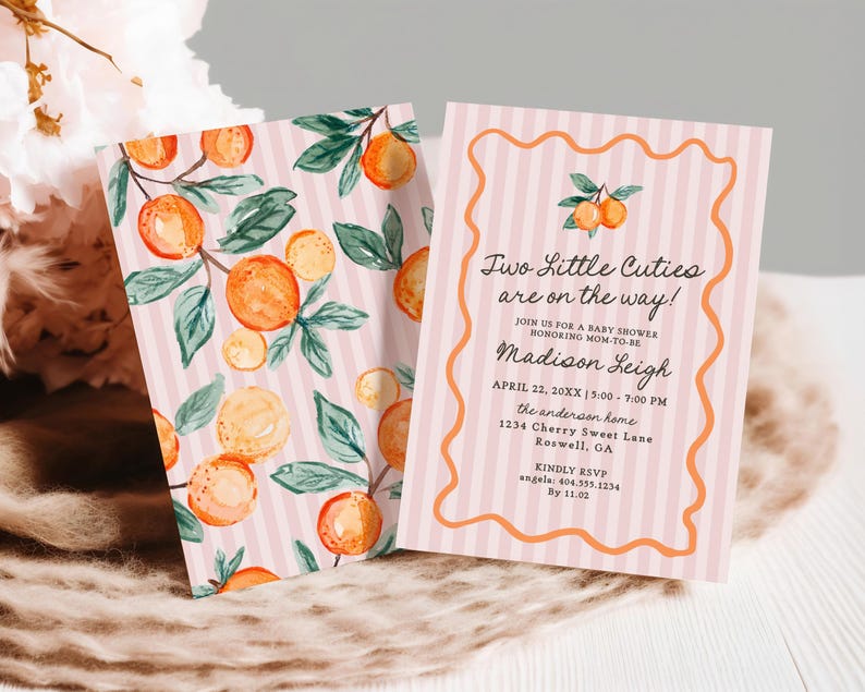 Pink Two Little Cuties Twins Baby Shower Invitation Template, Pastel Citrus Baby Sprinkle for Summer Baby Shower, Retro Clementine WP1050 image 3