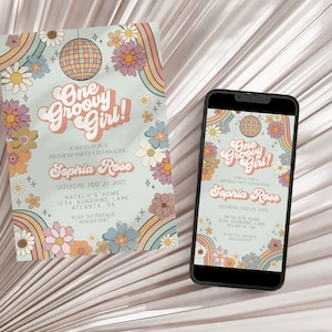 One Groovy Girl Floral 1st Birthday Invitation Template Set, one groovy babe birthday party decor, retro 70s birthday party decor