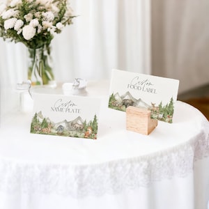 Woodland Animals Place Card Printable Template, Adventure Awaits Gender Neutral Baby Shower, Woodsy Outdoor Mountain Birthday Party WP1029