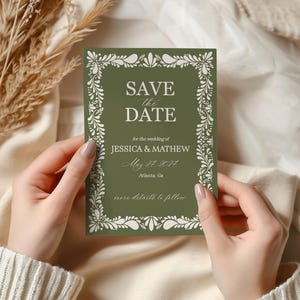Modelo para impressão de Save the Date em Talavera Verde, Decoração para cerimônia de casamento em azulejo espanhol verde-oliva, Decoração para casamento em terracota para festa mexicana WP1021