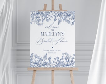 Blue Chinoiserie Bridal Shower Welcome Sign Printable Template, Something Blue Before I Do, Spring Bridal Brunch Toile Decor French WP1030
