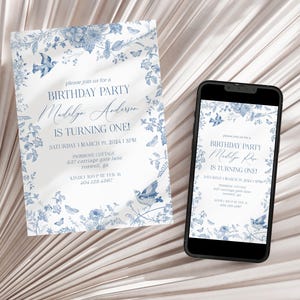 Modello stampabile per invito di compleanno in Toile De Jouy blu, decorazioni per feste di compleanno in stile cinese, farfalle e uccelli in toile di fiori selvatici WP1004