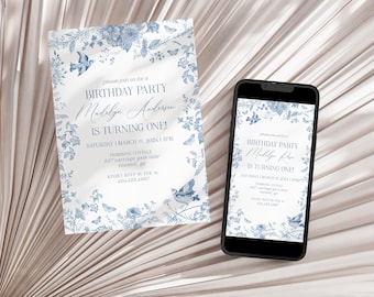 Blue Toile De Jouy Birthday Invitation, Chinoiserie Birthday Invite, Pastoral Romance, Editable Template, Instant Download, WP1004