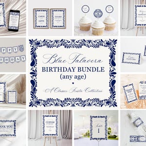 Blue Talavera Birthday Bundle Printable Template, Spanish Tile Mexican Birthday Fiesta, Papel Picado Birthday Party Decor WP1018