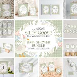 Green Floral Silly Goose Baby Shower Bundle Printable Template, Little Duck Theme Shower Girl, Pastel Floral Gingham Baby Sprinkle WP1024