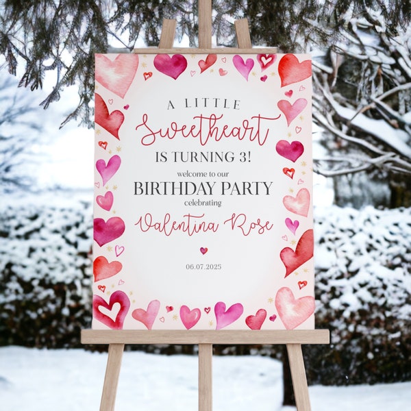 Een kleine lieverd verjaardagsfeestje welkom teken sjabloon, instant download februari winter meisje 1e verjaardag, hart thema Valentijn verjaardag