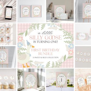 Pacote de primeiro aniversário de ganso bobo floral rosa para impressão, modelo para primeiro aniversário de menina com tema de patinho, aniversário de guingão floral pastel WP1022