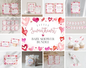May include: A baby shower printable bundle featuring a watercolour heart design. The bundle includes a welcome banner, cupcake toppers, water bottle labels, favour tags, place cards, and more. The text "Little Sweetheart Baby Shower Bundle" is featured on the main image.
