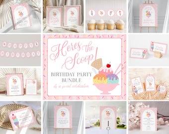 Op de afbeelding: Een verzameling roze en witte feestversieringen met een ijsjesthema. Inclusief borden, cupcake toppers, naambordjes en een banner met de tekst "Happy Birthday". De centrale afbeelding zegt "Here's the Scoop" en "Birthday Party Bundle".