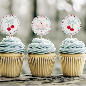 Blue Cherry Gingham Cupcake Toppers Printable, Cherry on Top Baby Shower, Pastel Pink Baby Shower Theme, Tying the Knot Bridal Shower WP1072