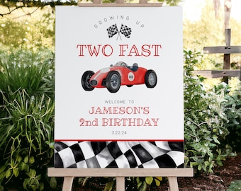 Red Race Car Second Birthday TWO Fast Welcome Sign template, instant download race on over birthday party template for boy, vintage, WP3031