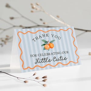 Blauwe kleine schatje afdrukbare sjabloon bedankkaartje, hoofdsqueeze bruids douche, citrus babyshower voor zomer clementine verjaardag WP1052