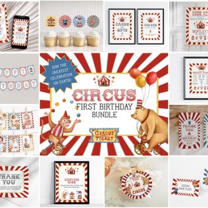 Zirkus Thema ersten Geburtstag Party Bundle Vorlage, druckbare geschlechtsneutrale Karneval Dekor mit Zirkustieren, bearbeitbarer sofortiger Download