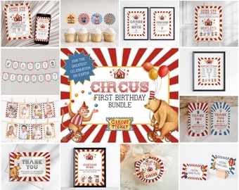 Circusthema eerste verjaardagsfeestje bundelsjabloon, afdrukbaar genderneutraal carnavalsdecor met circusdieren, bewerkbaar direct, WP3021