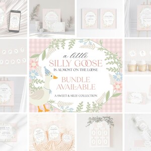 May include: A pink and green printable party bundle with a goose illustration and the text "a little silly goose is almost on the loose". The bundle includes a banner, cupcake toppers, signs, and invitations.