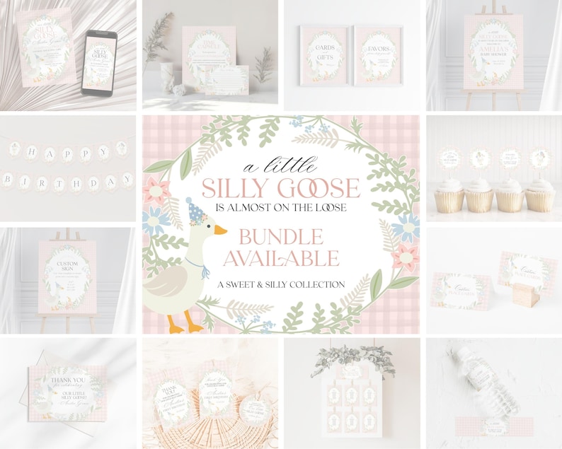 May include: A pink and green printable party bundle with a goose illustration and the text "a little silly goose is almost on the loose". The bundle includes a banner, cupcake toppers, signs, and invitations.