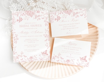 Bridal Shower Invitation Pink Toile, French Country Editable Bridal Invite, Pastoral Romance Pink Toile De Jouy, Instant Download, WP1011