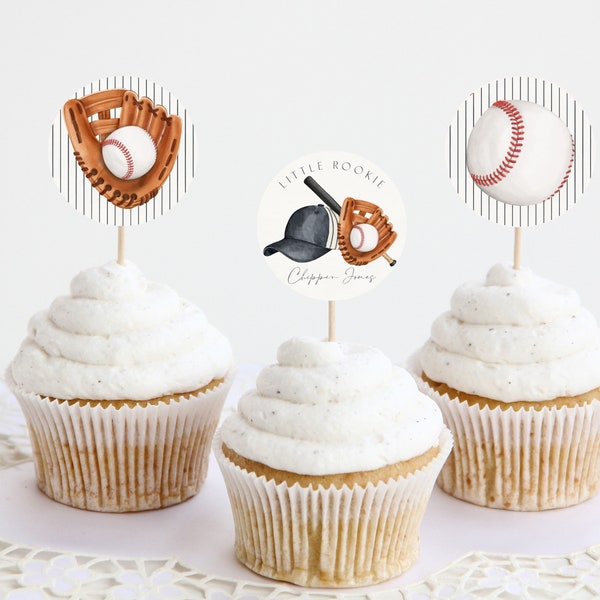 Modèle imprimable de décoration de cupcakes baseball, petite fête d'anniversaire sur le thème recrue pour garçon, baby shower de petit cogneur pour la fête du Grand Chelem