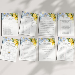 Amalfi Coast Bridal Shower Games Set Printable Template, Lemon Citrus Mediterranean decor with blue tiles, Italian theme tuscan beach party