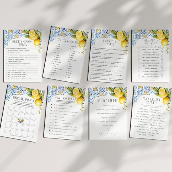 Amalfi Coast Bridal Shower Games Set Printable Template, Lemon Citrus Mediterranean decor with blue tiles, Italian theme tuscan beach party