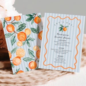 Modelo de menu Blue Little Cutie, chá de panela Main Squeeze, decoração de chá de bebê com frutas cítricas, festa de aniversário de verão Clementine Engagement WP1052