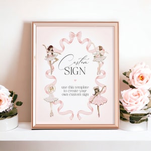 Kleine ballerina aangepast teken afdrukbaar feestdecor, instant download dans en draai Tutu opgewonden ballet verjaardag voor meisje roze ballerina