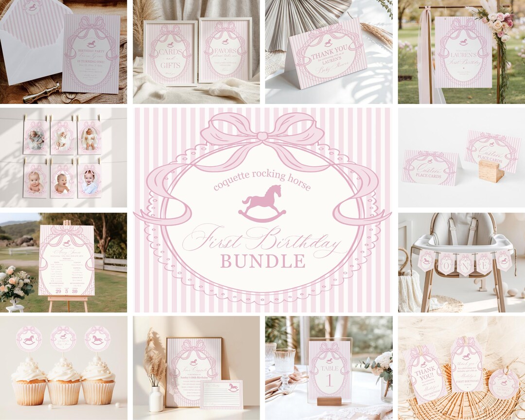 Pink Coquette Bow Rocking Horse 1st Birthday Bundle Printable Template ...
