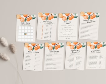 Un pequeño tesoro está en camino, juegos imprimibles para baby shower de temática cítrica, baby shower de temática naranja, baby shower de primavera/verano de género neutro WP1068