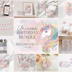 Unicorn Birthday Bundle Printable, Editable Unicorn Invitation Party Package Unicorn Party Pack, Unicorn Theme 1st Birthday Instant Download