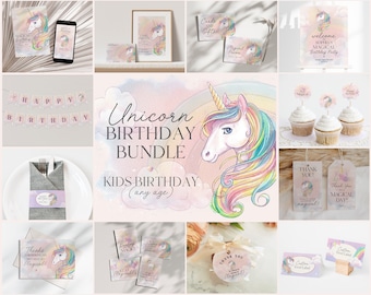 May include: A digital unicorn birthday party bundle featuring pastel rainbow graphics, clouds, and a unicorn illustration. Includes printable items like a welcome sign, cupcake toppers, thank you tags, food labels, and a happy birthday banner with text.