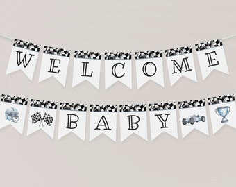 Blue Race Car Baby Shower Banner Printable Template, Race on Over Birthday for Boy, Our Little Racer is on the Way, Boy Baby Shower, WP3006