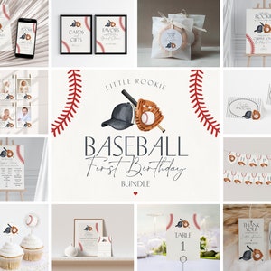 Może przedstawiać: Zestaw do druku na przyjęcie z okazji pierwszych urodzin w stylu baseballowym z akwarelową ilustracją rękawicy baseballowej, kija i piłki baseballowej. Zestaw zawiera zaproszenia, kartki z podziękowaniami, etykiety na jedzenie i dekoracje.