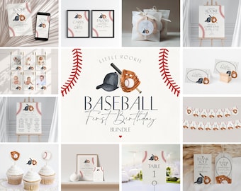 Baseball First Birthday Bundle Template, Little Rookie Theme 1st Birthday for Boy, Little Slugger Party for Grand Slam Birthday, WP3011