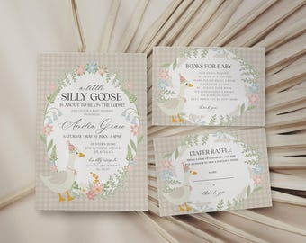 May include: A baby shower invitation with a light brown gingham background. The invitation features a cartoon goose with a party hat and the text "a little silly goose is about to be on the loose!"  Join us for a baby shower honoring Amelia Grace. The invitation includes the date, time, location, and RSVP information.