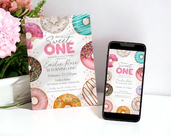 Donut Sprinkles First Birthday Invitation Template Set, Sweet One Donut 1st birthday for girl, sweet celebration doughnut invitation, WP3018