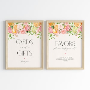 Kaarten met pastelkleurige citrusvruchten en geschenken en gunsten teken afdrukbare sjabloon, kustverjaardagsdecor voor tropische zomer baby of vrijgezellenfeest Florida
