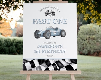 Blue Race Car First Birthday Fast ONE Welcome Sign template, instant download race on over birthday party template for boy, vintage racecar