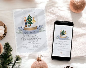 May include: A printed invitation and a smartphone displaying a similar design. The invitation features a snow globe illustration with a Christmas tree, a ballerina, and a nutcracker. The text reads "Nutcracker Birthday Party".