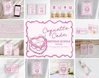 Pink Coquette Heart Cake Birthday Bundle Printable Template, Retro Cherry Sweet French Theme Vintage Birthday Party Decor,  WP1008