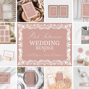 Pink Talavera Wedding Decor Printable Template Bundle, Spanish Mexican Wedding Fiesta, Rose Papel Picado Wedding Decor WP1017