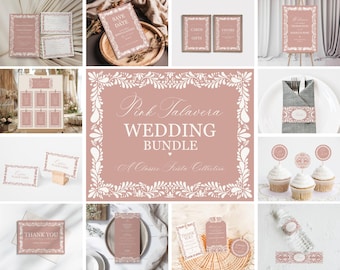 Pink Talavera Wedding Decor Printable Template Bundle, Spanish Mexican Wedding Fiesta, Rose Papel Picado Wedding Decor WP1017