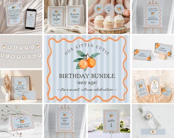 May include: A printable birthday party bundle with a citrus theme. The bundle includes a banner, cupcake toppers, place cards, water bottle labels, a thank you card, and signs. The design features a watercolor illustration of orange blossoms and fruit.