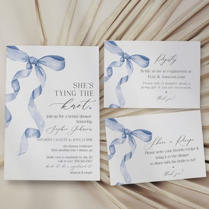 Plantilla imprimible de invitación para despedida de soltera con lazo azul, Algo azul antes de hacer un elegante brunch nupcial con lazo coqueto, Atar el nudo WP1031