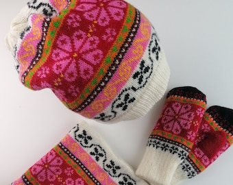 Knit set cap, mittens and cowl of adorable Muhu pattern model, adorable multicolour style of knit accessories