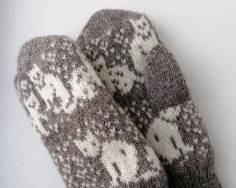 Beige-Grau gestrickte Fäustlinge, Wollhandschuhen mit Katzen Muster, Ausgezeichnetes Geschenk. Damen Winterhandschuhen