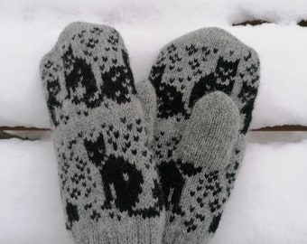 Mitones de lana con estampado de gato en gris